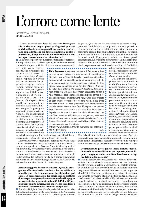 Leggendaria 159 - Intervista a Tlotlo Tsamaase di Giulia Lenti